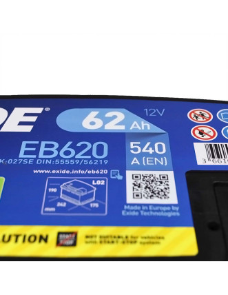 Автомобільний акумулятор EXIDE Excell 62Аh 540Ah R+ (правий +) EB620