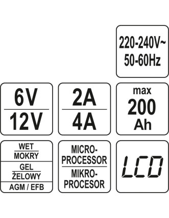 Зарядний прилад мережевий з LCD дисплеєм 230В YATO до акумуляторів 6V-2А 12V-4А, макс. 240 AГод