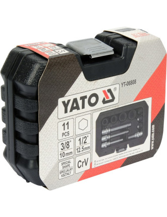 Насадки 6-гранні для гальмівних супортів авто YATO: квадр- 3/8", 1/2", 7- 22 мм, 11 шт