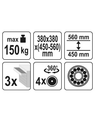 Табурет на колесах YATO з 3 шуфлядами 380 x 380 x 450-560 мм 150 кг