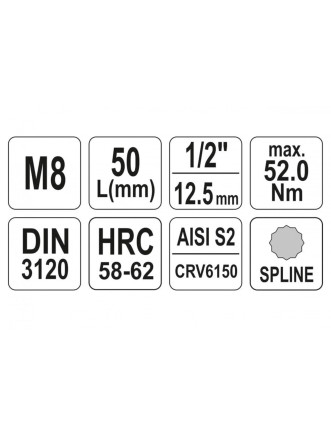 Головка торцева з насадкою викрутковою SPLINE YATO 1/2" М8 х 55 мм