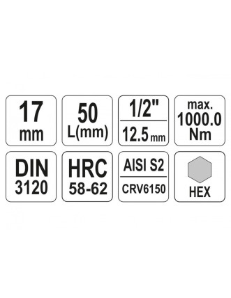 Головка торцева з викрутковою насадкою HEX YATO 1/2" H17 x 55 мм