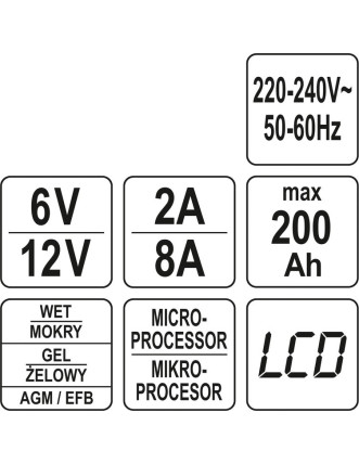 Зарядний прилад мережевий з LCD дисплеєм 230В YATO до акумуляторів 6V-2А 12V-8А, макс. 240 AГод