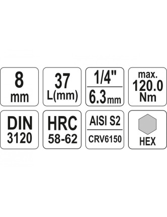 Головка торцева з насадкою викрутковою HEX YATO 1/4" H8 x 37 мм
