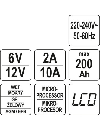 Зарядний прилад мережевий з LCD дисплеєм 230В YATO до акумуляторів 6V-2А 12V-10А, макс. 240AГод