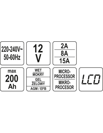 Зарядний прилад мережевий з LCD дисплеєм 230В YATO до акумуляторів 12V-2/8/15А, макс. 240AГод