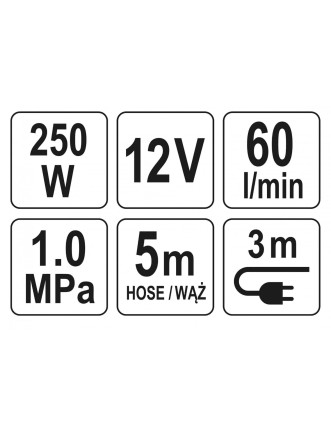 Компресор автомобільний YATO 12 В 250 Вт 60 л/хв 1 МПа + шланг 5 м + насадки + мішок